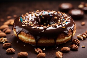 Chocolate donuts with almond sprinkles, delicious restaurant food menu