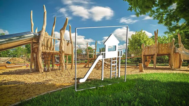 Digital Playground Slide At Playground With Wooden Equipment On Sunny Day. after-effects, timelapse