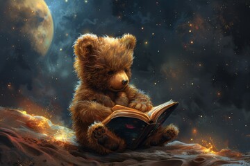 A cute bear reads a book on the moon. Hand drawn modern illustration.