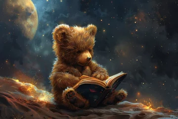 Fotobehang A cute bear reads a book on the moon. Hand drawn modern illustration. © DZMITRY
