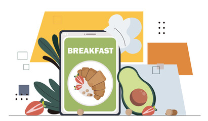 Healthy breakfast concept. Croissant with avocaado. Proper diet and nutrition with vitamins. Traditional morning food and eating. Cartoon flat vector illustration isolated on white background