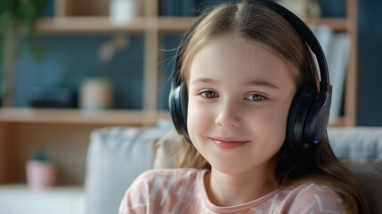Smiling girl wear wireless headphone study online with skype teacher. copy space for text. - obrazy, fototapety, plakaty