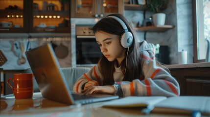 Serious busy high school student teenage girl in wireless headphones studying at home, writing notes, sitting at kitchen table, using laptop, watching video class, learning webinar. - Powered by Adobe