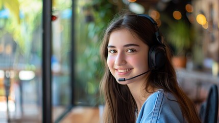 Smiling girl wear wireless headphone study online with skype teacher. copy space for text.