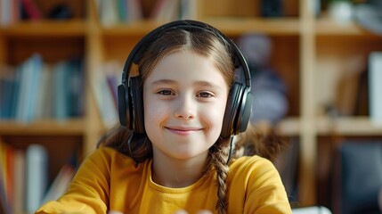 Smiling girl wear wireless headphone study online with skype teacher. copy space for text. - obrazy, fototapety, plakaty