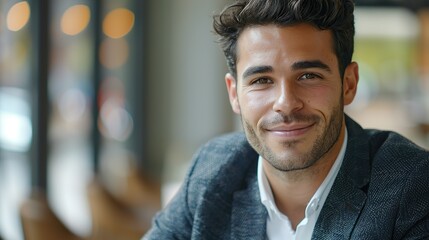 Obraz premium Smiling handsome young business man looking at camera in office, headshot close up corporate portrait. Happy Latin businessman, male entrepreneur, professional manager or company employee at work.