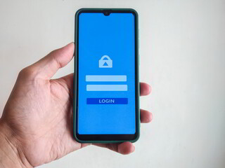Mobile phone in hand. Login interface on smartphone touch screen. Cyber security concept.