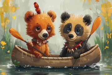 Illustration of an Indian dog and baby bear with paddle on a canoe in a modern format. - obrazy, fototapety, plakaty