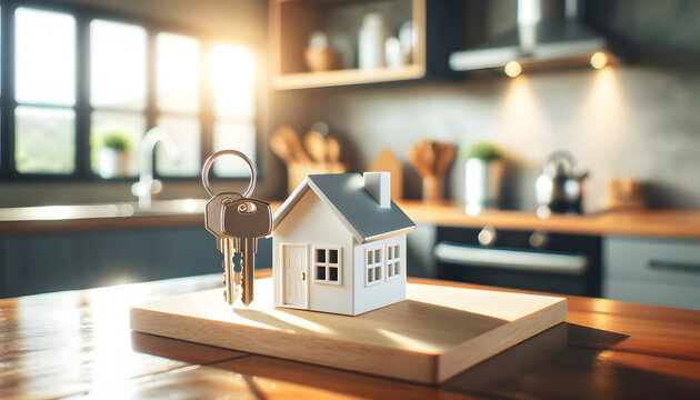 house paired with a set of keys on a modern kitchen counter, suggesting the concept of a new home purchase