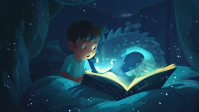 A child reads by flashlight under the covers of their bed not wanting to put their book down even as bedtime approaches. They imagine themselves as the hero of the story fighting