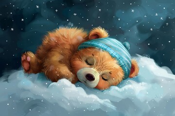 This illustration depicts a cute baby bear sitting on a cloud wearing a striped night cap. - obrazy, fototapety, plakaty