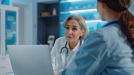 Fototapeta premium Young female doctor use computer consult mature patient in modern hospital. Woman GP and senior client look at laptop screen, discuss treatment or therapy in clinic. Elderly healthcare concept.