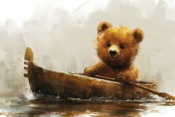 A cute baby bear steers a gondola in this hand drawn modern illustration. - obrazy, fototapety, plakaty