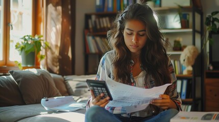 Young latin female work with financial papers at home count on calculator before paying taxes receipts online by phone. Millennial woman planning budget glad to find chance for economy saving money. - obrazy, fototapety, plakaty