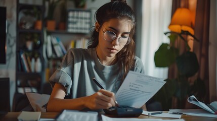 Young latin female work with financial papers at home count on calculator before paying taxes receipts online by phone. Millennial woman planning budget glad to find chance for economy saving money. - obrazy, fototapety, plakaty