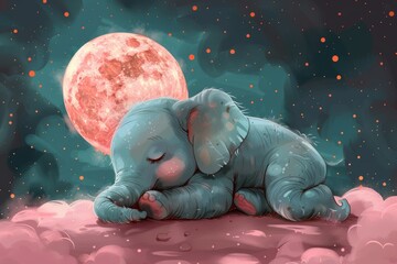 This modern illustration shows a gorgeous pink moon with a cute baby elephant sleeping on it.