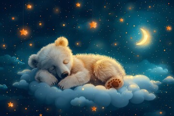 Obraz na płótnie Canvas Sleeping baby bear on a cloud among the stars as an illustration in modern format.