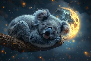 Cute baby koala snoozing on the moon. - obrazy, fototapety, plakaty
