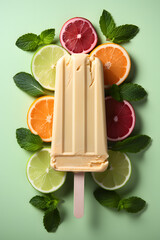 A popsicle ice cream, with some fruits around, in pastel summer colors, with copy space