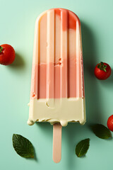 A popsicle ice cream, with some strawberries around, in pastel summer colors, with copy space