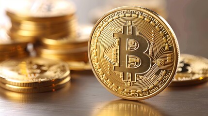 Close-Up of a Bitcoin Coin on Reflective Surface