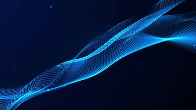 Abstract and technology blue dot-wave background. Dot pattern with halftone effect. Abstract wave technology with falling particles. Motion dot on the animated blue background