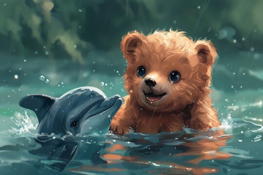 Animated modern illustration showing a cute baby bear swimming with dolphins.