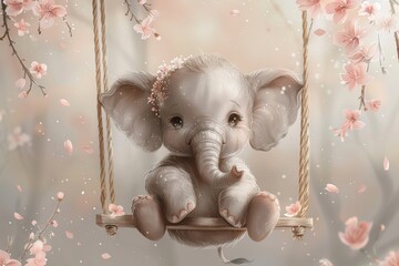 An illustration of a cute baby elephant swinging with a wreath of pink flowers. - obrazy, fototapety, plakaty