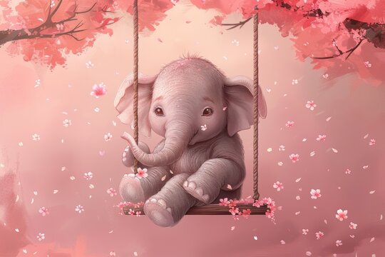 A cute baby elephant swings on a wreath of pink flowers in a modern illustration.