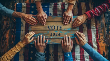 Humans holding a wooden sign with Vote 2024 carved in electric blue font - obrazy, fototapety, plakaty