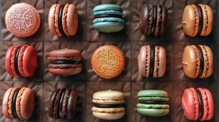 Fotobehang Vibrant Array of Colorful Macarons Arranged in a Grid Pattern © Nijam