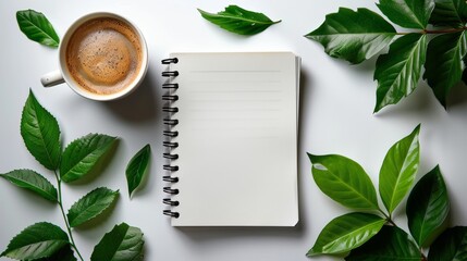 flat lay photograph showcasing blank white spiral notebook resting on table adorned with coffee cups and verdant green leaves, against minimalist white background. - obrazy, fototapety, plakaty
