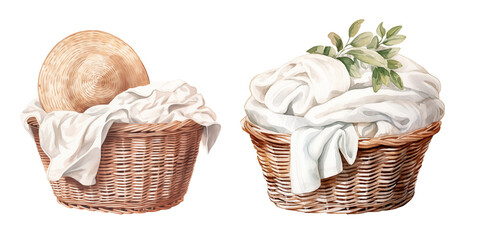 Wicker basket and white clothes, watercolor clipart illustration isolate on clean white png transparent background - obrazy, fototapety, plakaty