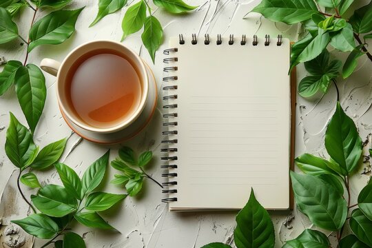 flat lay photograph showcasing blank white spiral notebook resting on table adorned with coffee cups and verdant green leaves, against minimalist white background.
