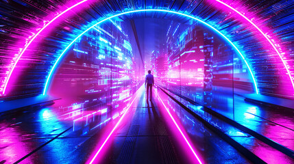 A wide angle image, a high angle view . A man walks on walkway to the city entrance through a futuristic archway decorated with blue and purple neon lights and blur building tower background