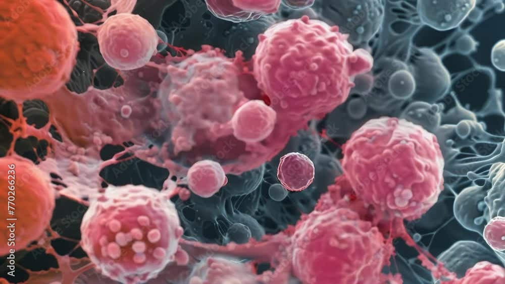 Poster a closeup image of a human red cell with multiple small spherical s attached to its surface. the s a