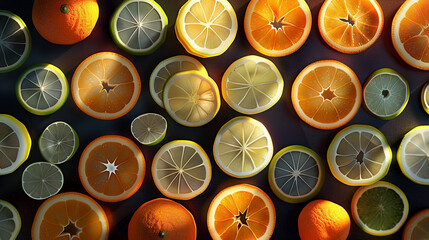 Vibrant Citrus Fruit Patterns on Dark Background
