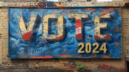 Handwriting graffiti art in electric blue font on brick wall Vote 2024 mural