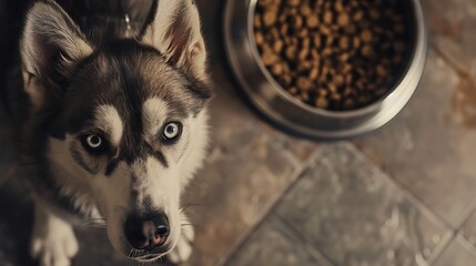 Huskies' Intense Gaze near Food Bowl Awaits Attention