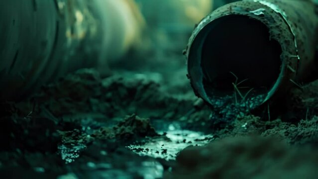 Macro shot of toxic chemicals being released into the ground from underground pipes showcasing the hidden environmental impact of the beverage industrys infrastructure.