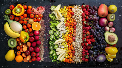Vibrant Diversity: Assorted Fruits, Vegetables, and Grains - obrazy, fototapety, plakaty