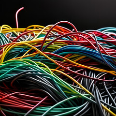 Colorful electrical wires on black background. Close-up view.