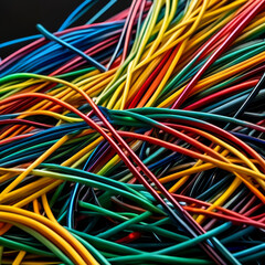 Colorful electrical wires on black background. Close-up view.