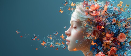 A cartoon blonde girl with flowers and butterflies coming out of her head, side view, vector illustration on a solid blue background - obrazy, fototapety, plakaty