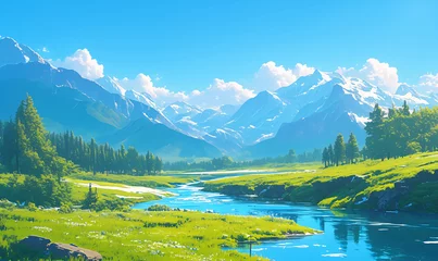 Zelfklevend Fotobehang landscape with river and mountains-generative aI © siwoo-mint