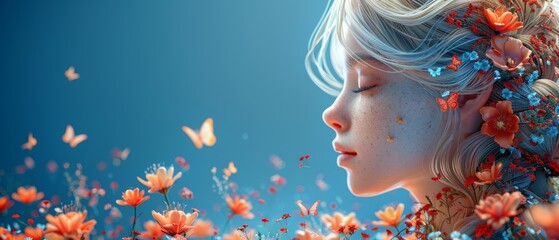 A cartoon blonde girl with flowers and butterflies coming out of her head, side view, vector illustration on a solid blue background - obrazy, fototapety, plakaty