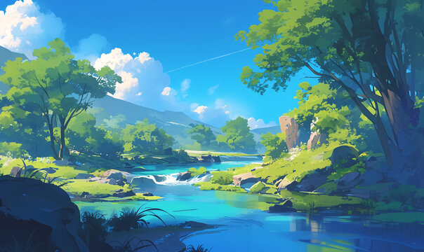 landscape with river and mountains-generative aI