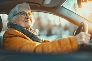Happy senior woman driving car alone, enjoying car ride. Safe driving for elderly adults, older driver safety