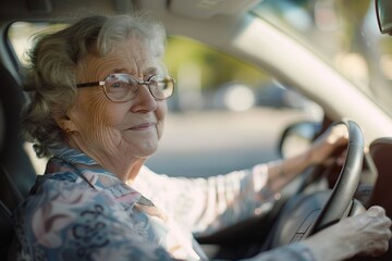 Happy senior woman driving car alone, enjoying car ride. Safe driving for elderly adults, older driver safety
