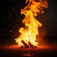 Burning bonfire on dark background with smoke and fire flames.